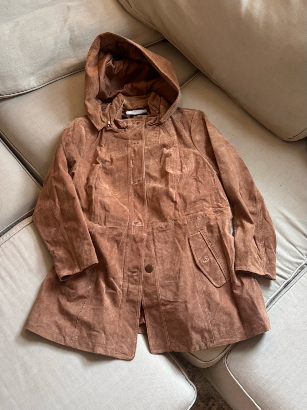dennis basso Womens Hooded Brown Suede Leather Jacket